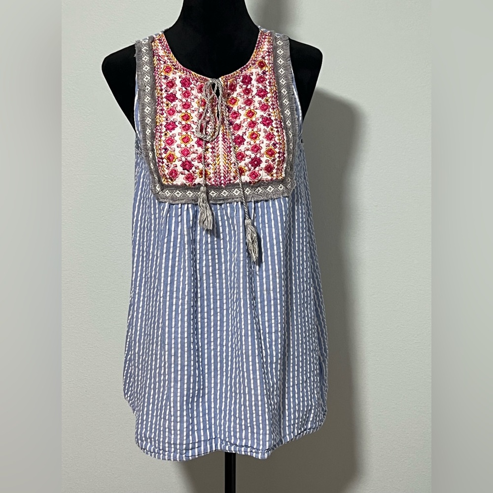 ENTRO Seersucker Embroidered Mini Dress/Tunic - S